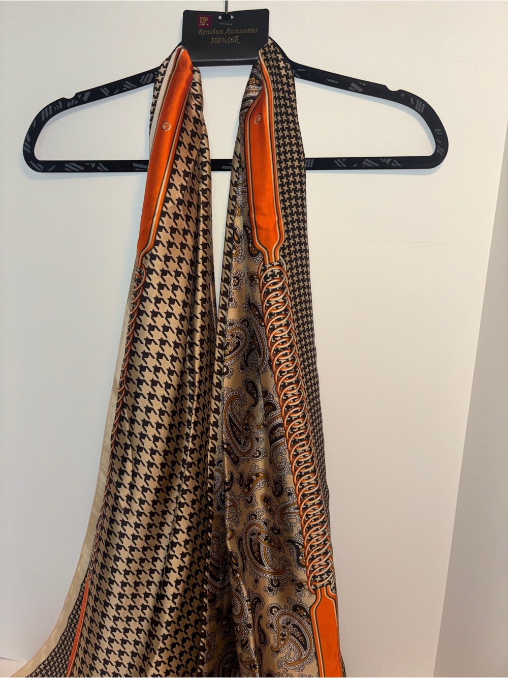 Silk Paisley & Houndstooth Scarf with Orange Trim NWT
